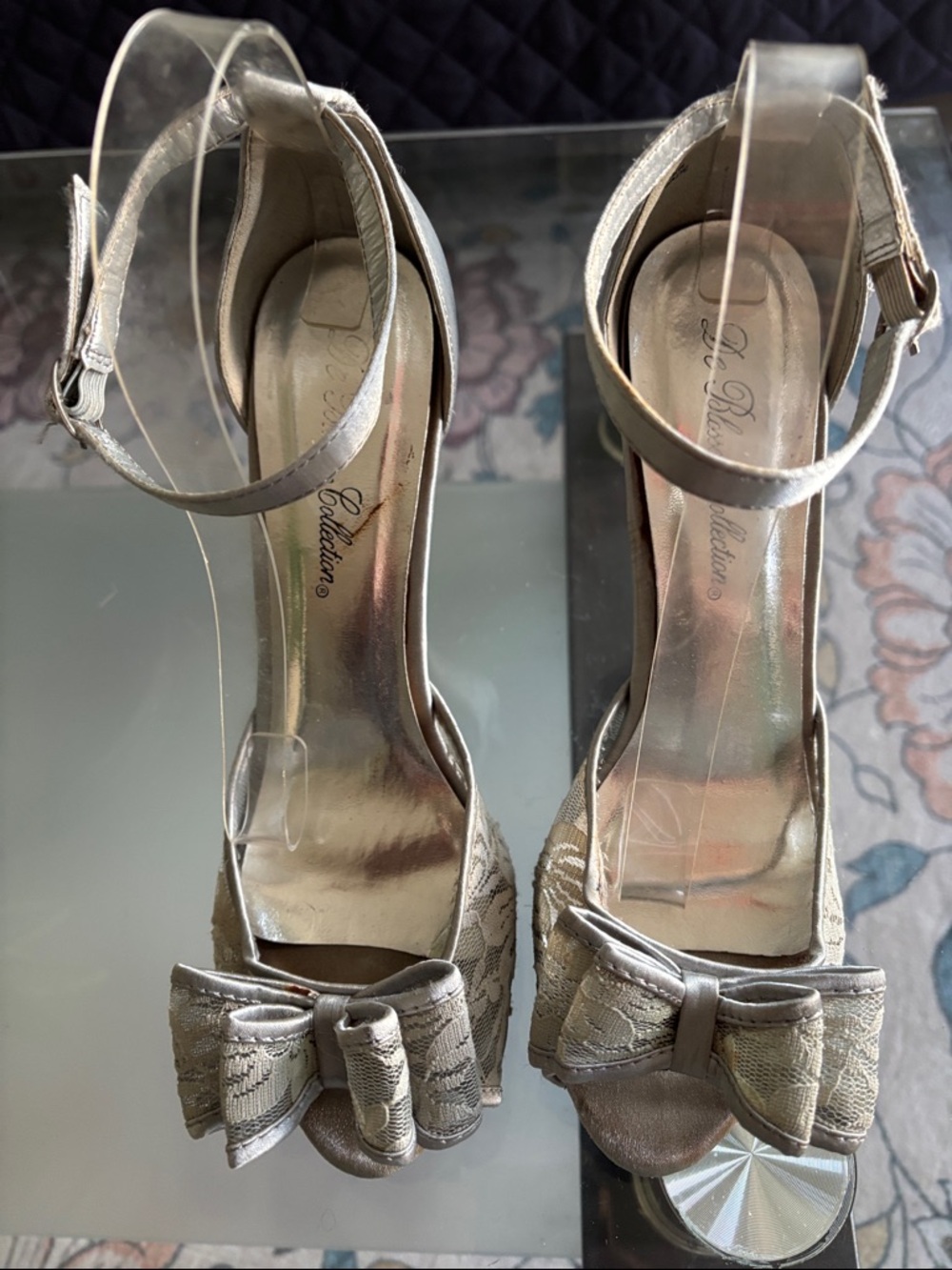 Women’s Silver Bow Peep-Toe Heels with Ankle Strap